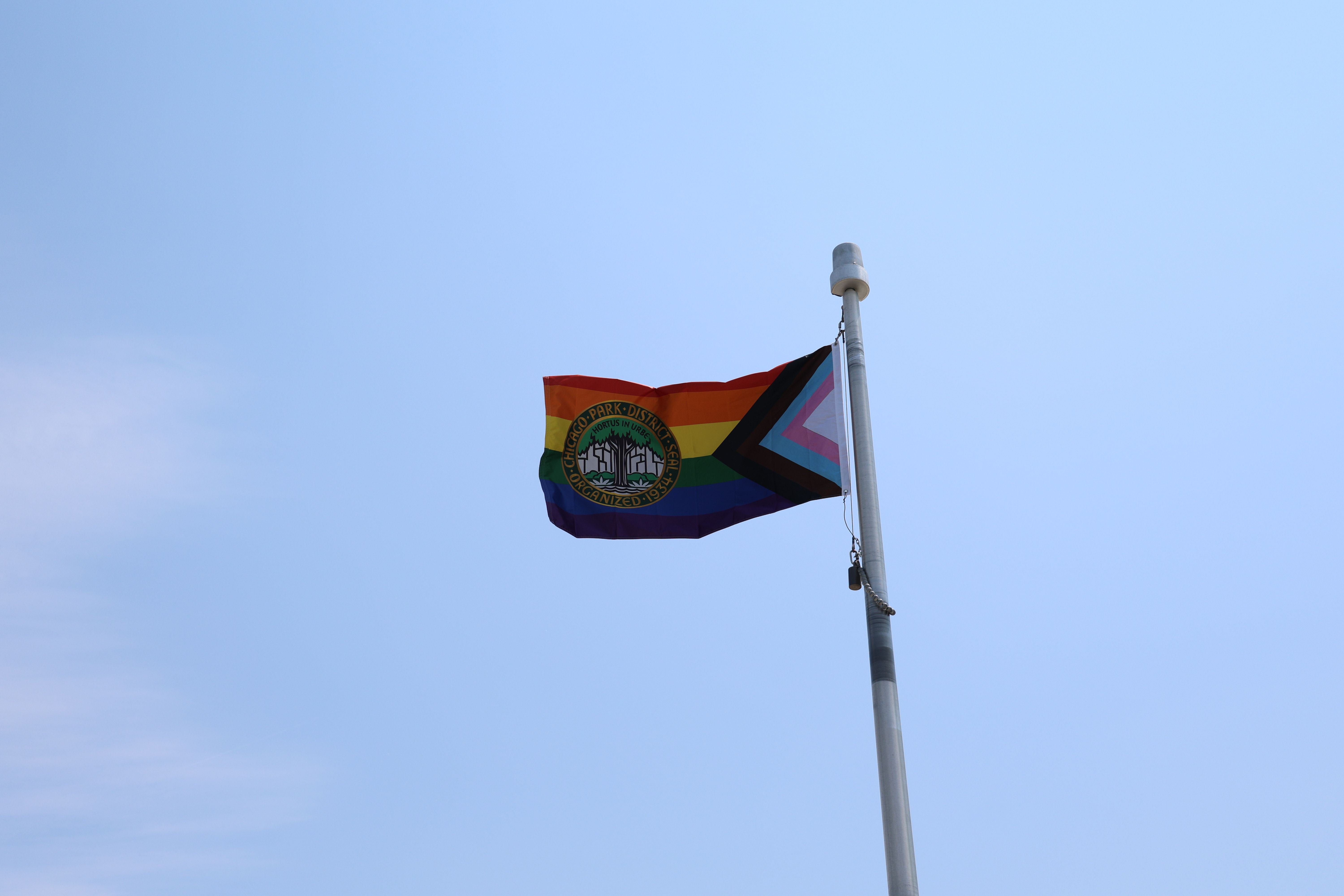 Progress Pride flag with the Chicago Park District seal waving in the breeze.